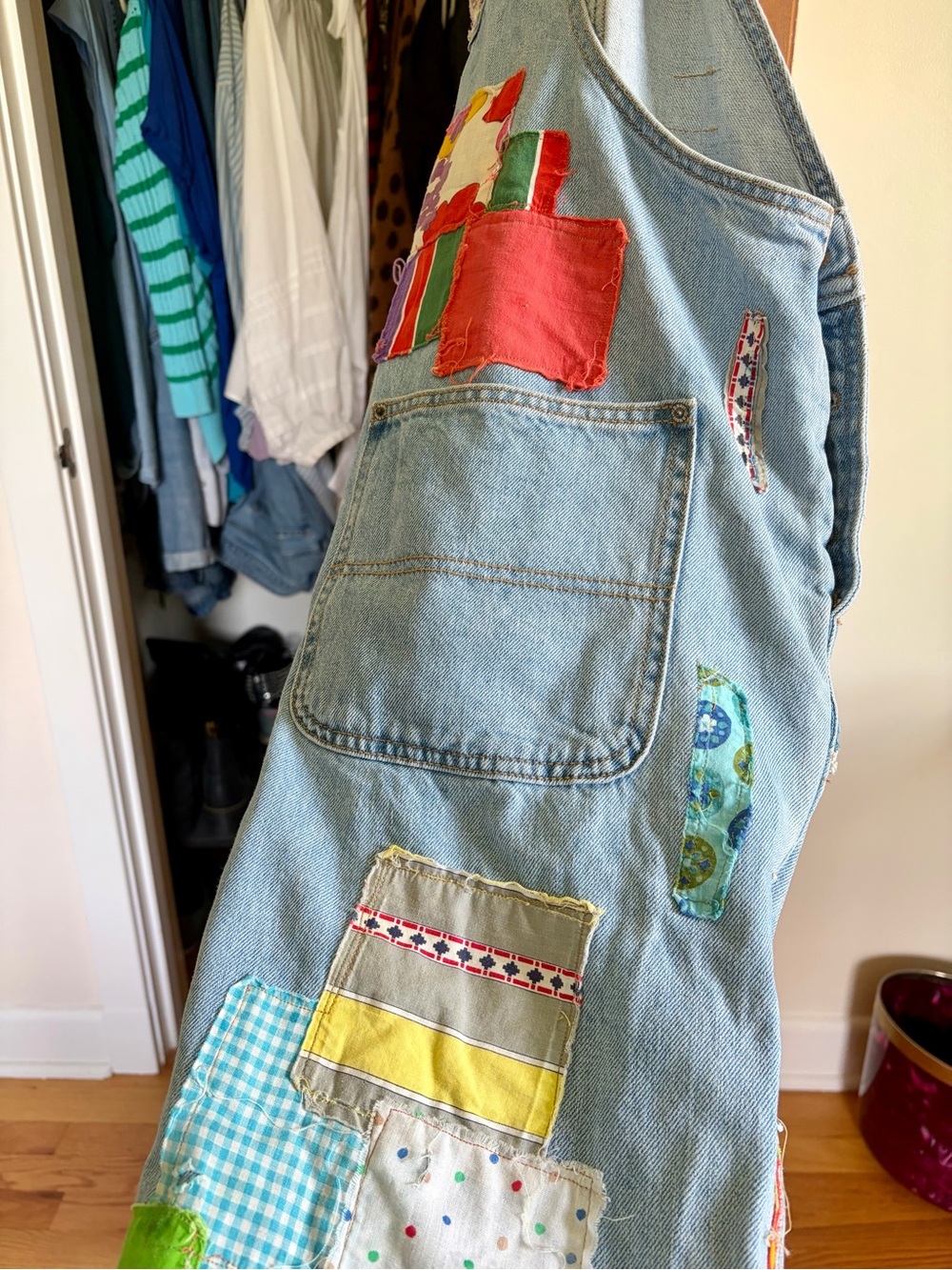 Adorable Old Navy Light Blue Denim Colorful Patchwork Overalls - Picture 13 of 13